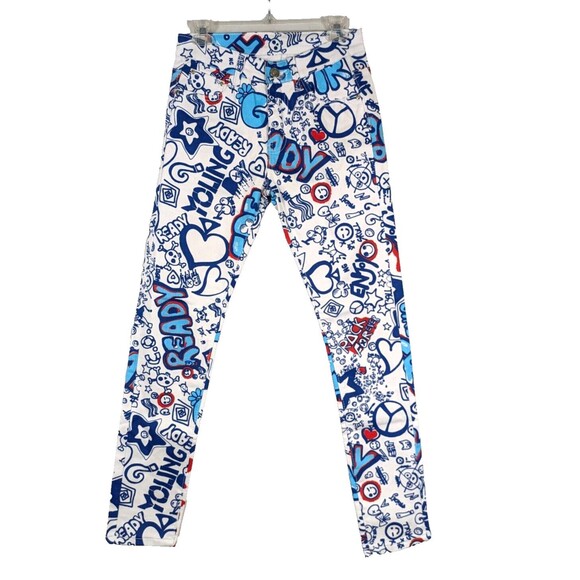 Womens Graffiti Print Skinny Jeans White Blue Size 27 Streetwear Skater Vibes - Picture 1 of 11
